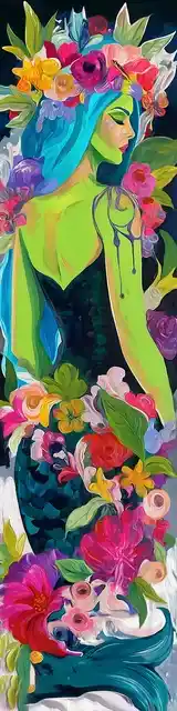 Free colorful bookmark featuring a mermaid with green skin and vibrant colors